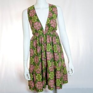 🅽🅴🆆 House of Harlow 1960 linen cotton pink green halter elastic waist dress S